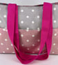 Handmade grey and pink dotty cotton oilcloth fully lined tote bag with pockets