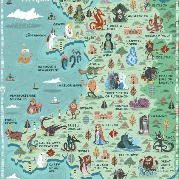 Illustrated Map, Mythical Beasts of Wales, A3 Art print - Poster
