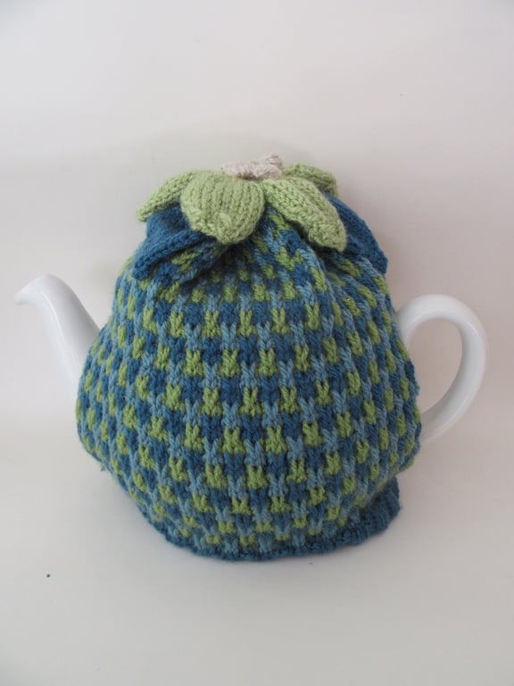 tea cosy tea cosie - blue and green tweed with anemone flower