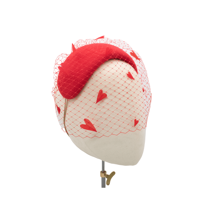 Red Cocktail Hat with Veil and Hearts for Valentines Day, Weddings