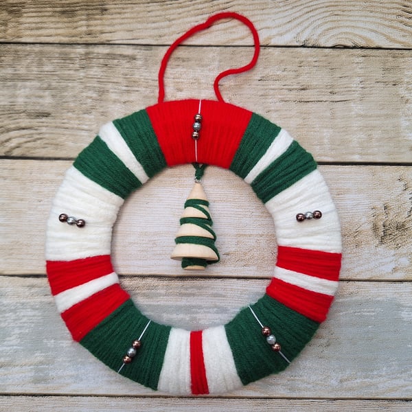 Reusable festive Christmas yarn wool wreath -  8 inch (20 cm) frame 