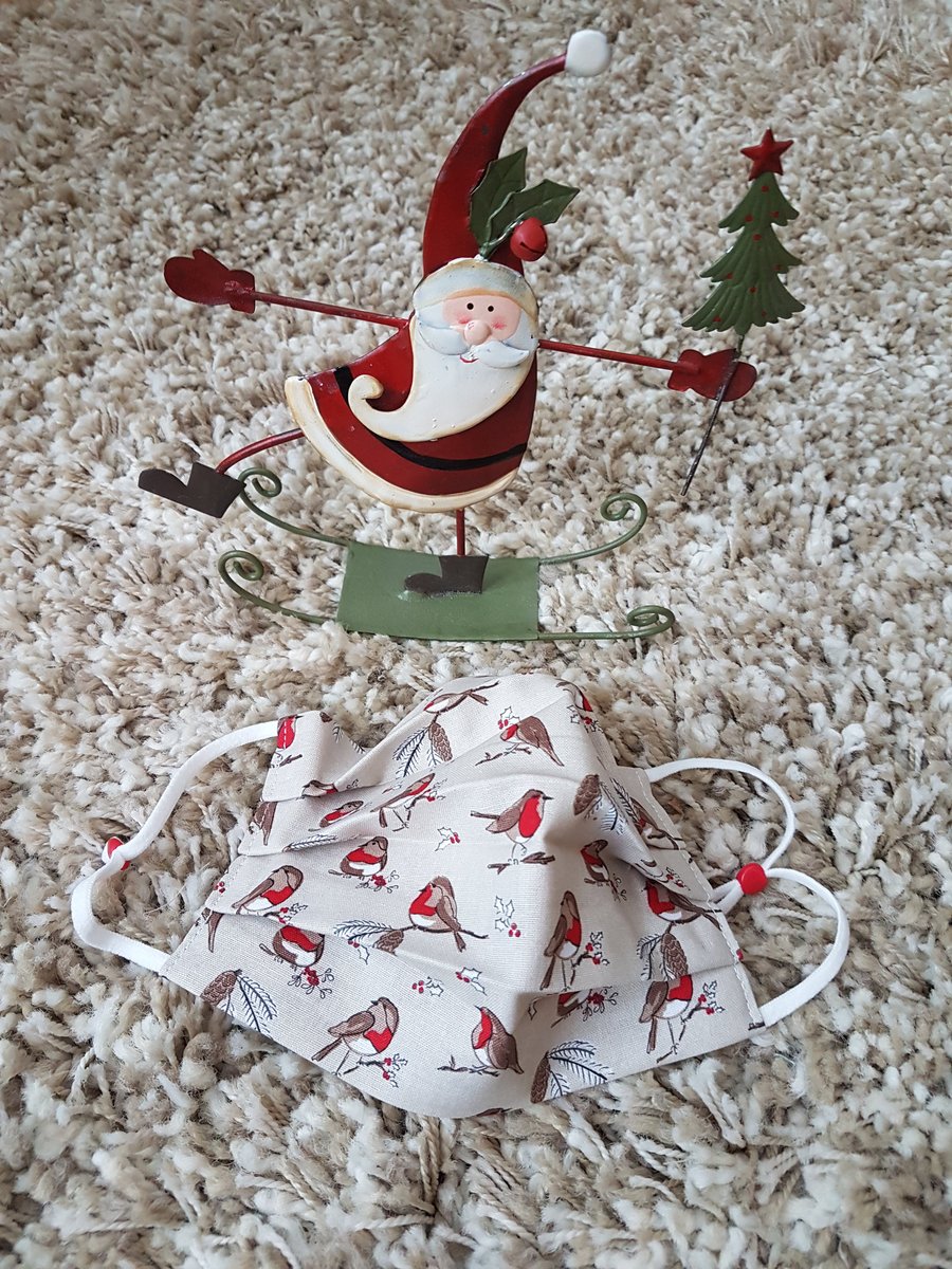 Adult festive face covering – Robins on Branches Print 