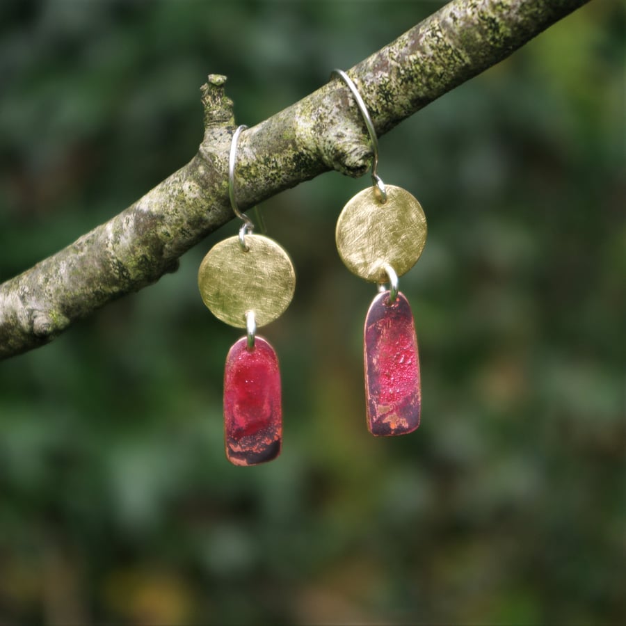 Brass Circle and Red Copper Geometric  Earrings