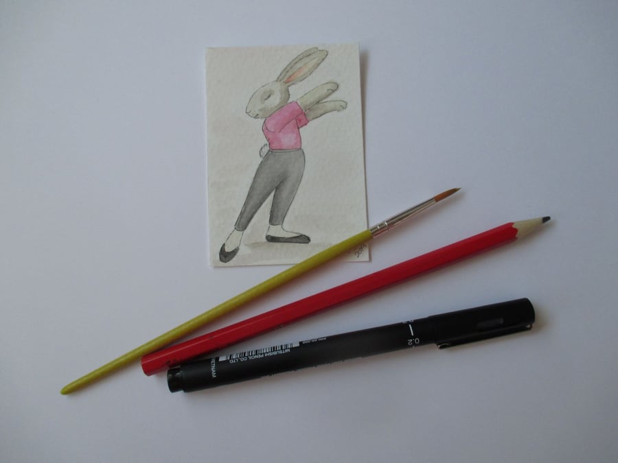 ACEO Bunny Rabbit Ballerina Ballet Dancing Bunny Rabbit Original Painting 002