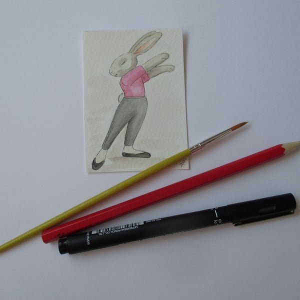 ACEO Bunny Rabbit Ballerina Ballet Dancing Bunny Rabbit Original Painting 002