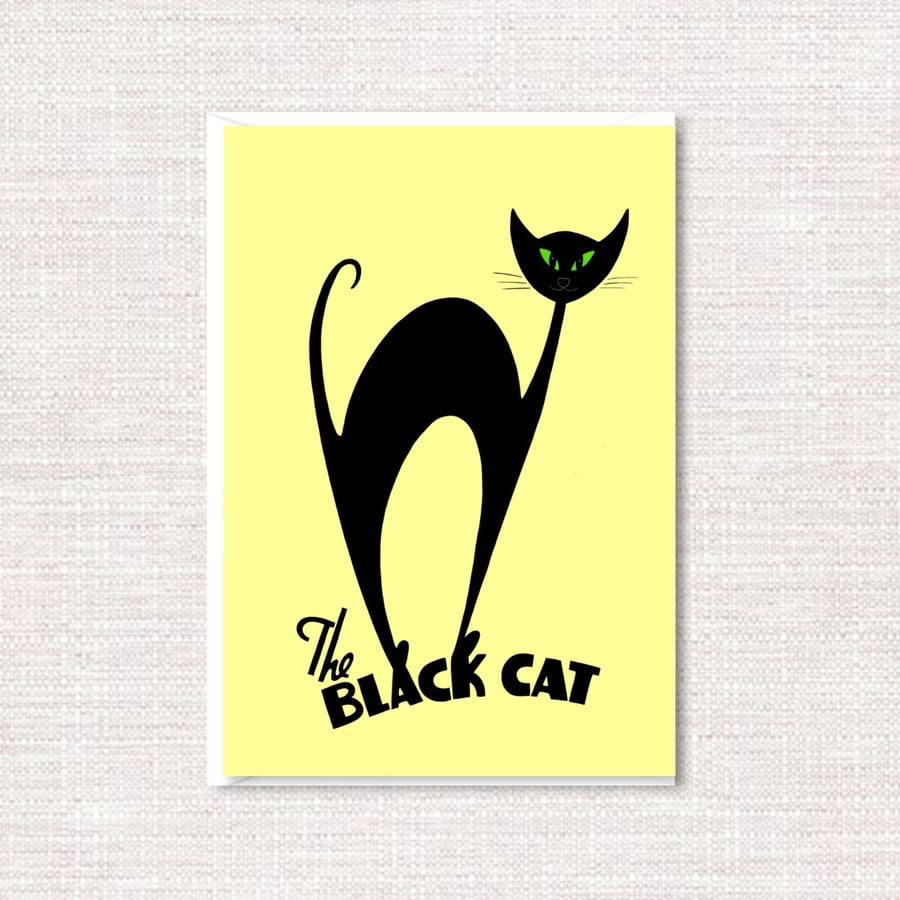 Black Cat Greetings Card - Mid Century Style Atomic Cat Illustration