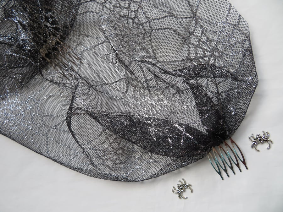 Black & Silver Halloween Cobweb Tulle Shimmering Bandeau Birdcage Gothic Veil