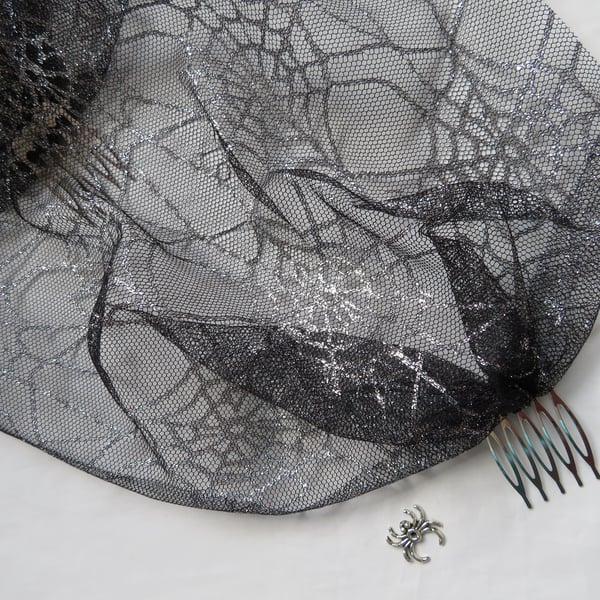 Black & Silver Halloween Cobweb Tulle Shimmering Bandeau Birdcage Gothic Veil