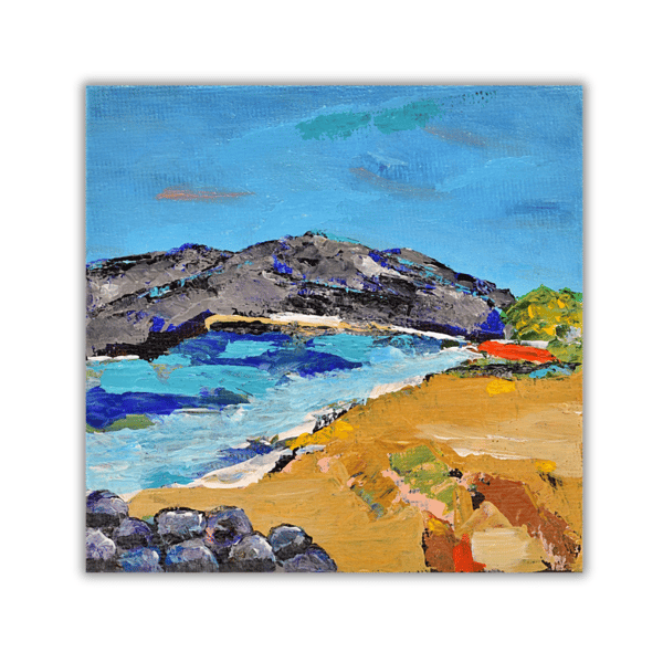 A framed acrylic painting of a secluded Scottish beach - coastal landscape