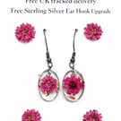 Small Pink Flower Resin Dangle Earrings with Gold Leaf Oval Drops