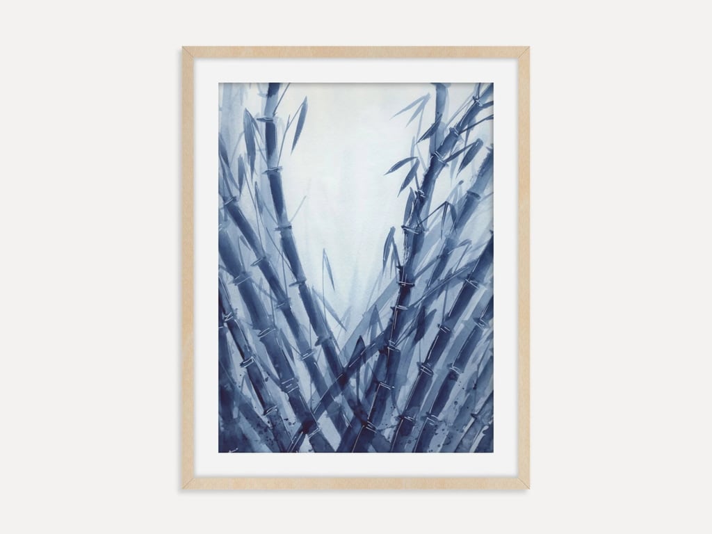 Blue Bamboo Forest Fine Art Print, Serene Watercolor Wall Art, Nature Poster