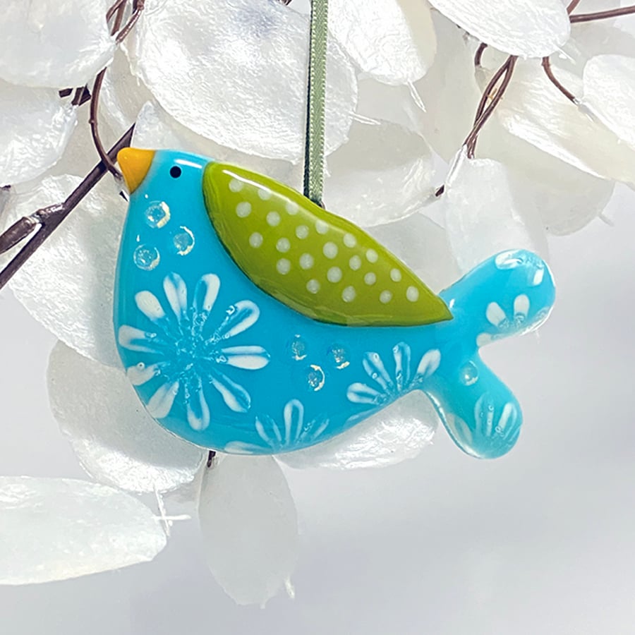 Turquoise Flowery Fused Glass Bird Decoration