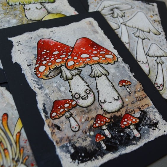 red amanita mushrooms - original A6 illustration and collage