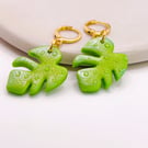 Monstera leaf earrings, green tropical jewelry on gold hoops