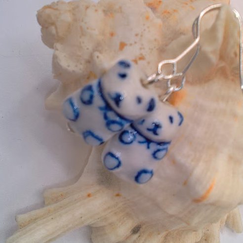 Earrings With White Ceramic Pandas with Blue Markings, Panda Earrings