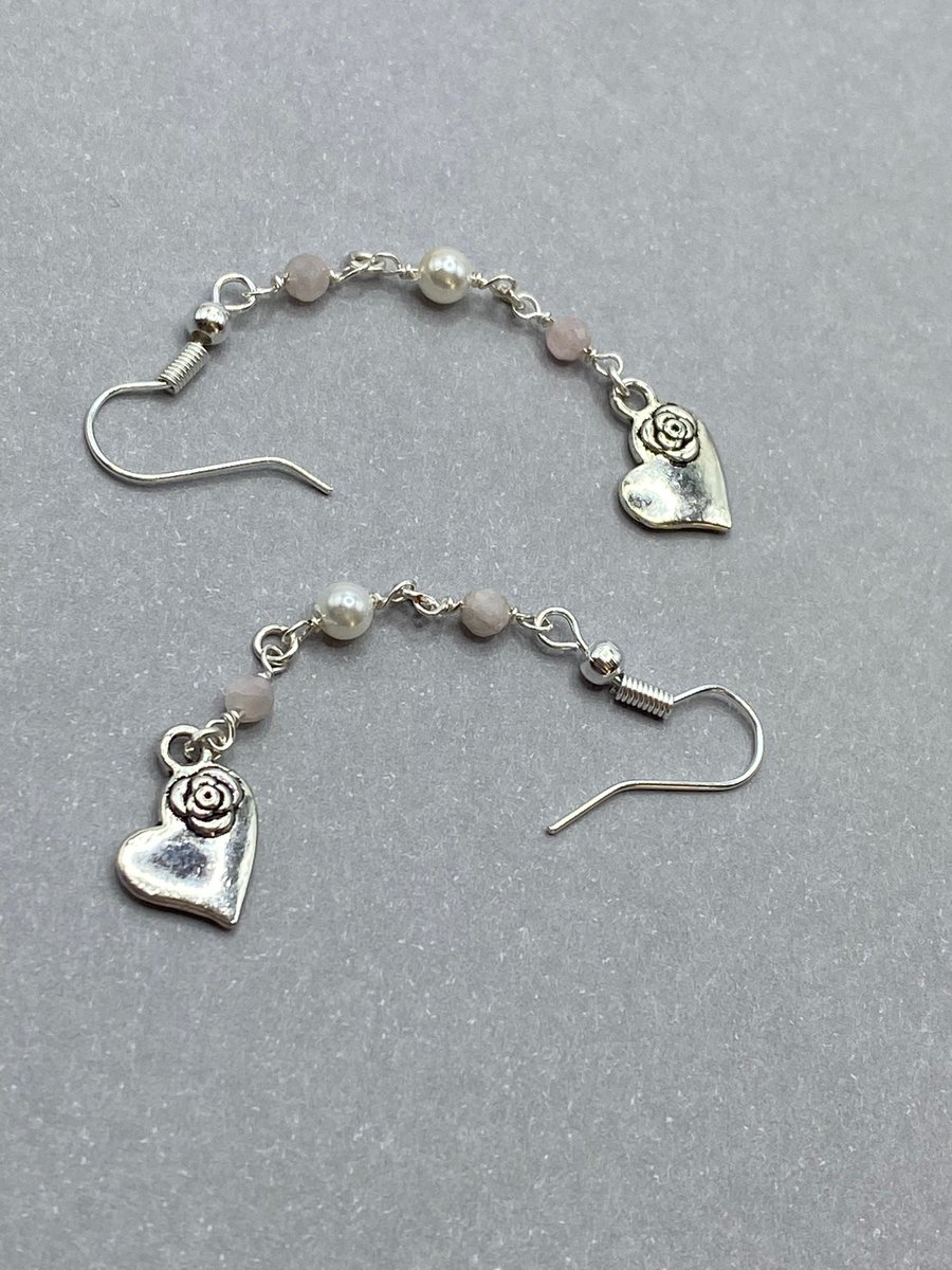 Heart charm drop earrings with kunzite stones and shell pearls