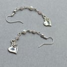 Heart charm drop earrings with kunzite stones and shell pearls
