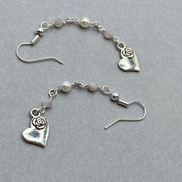 Heart charm drop earrings with kunzite stones and shell pearls