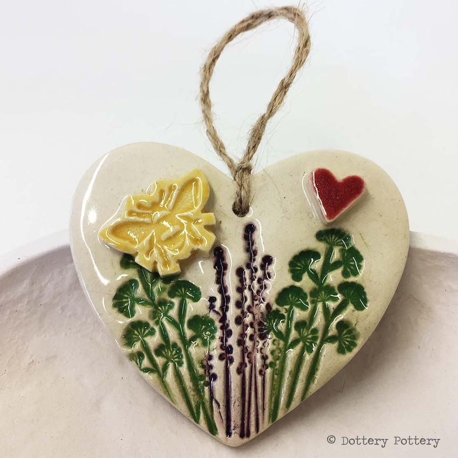 Ceramic heart floral decoration Home decor gift for gardeners, pottery heart 