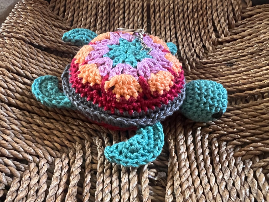 Handmade Turtle Crochet Bag Charm - Magenta, Lilac, Orange & Teal