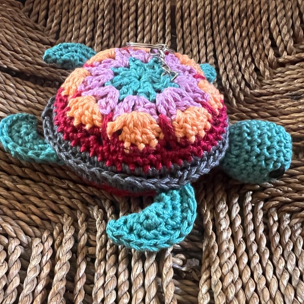 Handmade Turtle Crochet Bag Charm - Magenta, Lilac, Orange & Teal