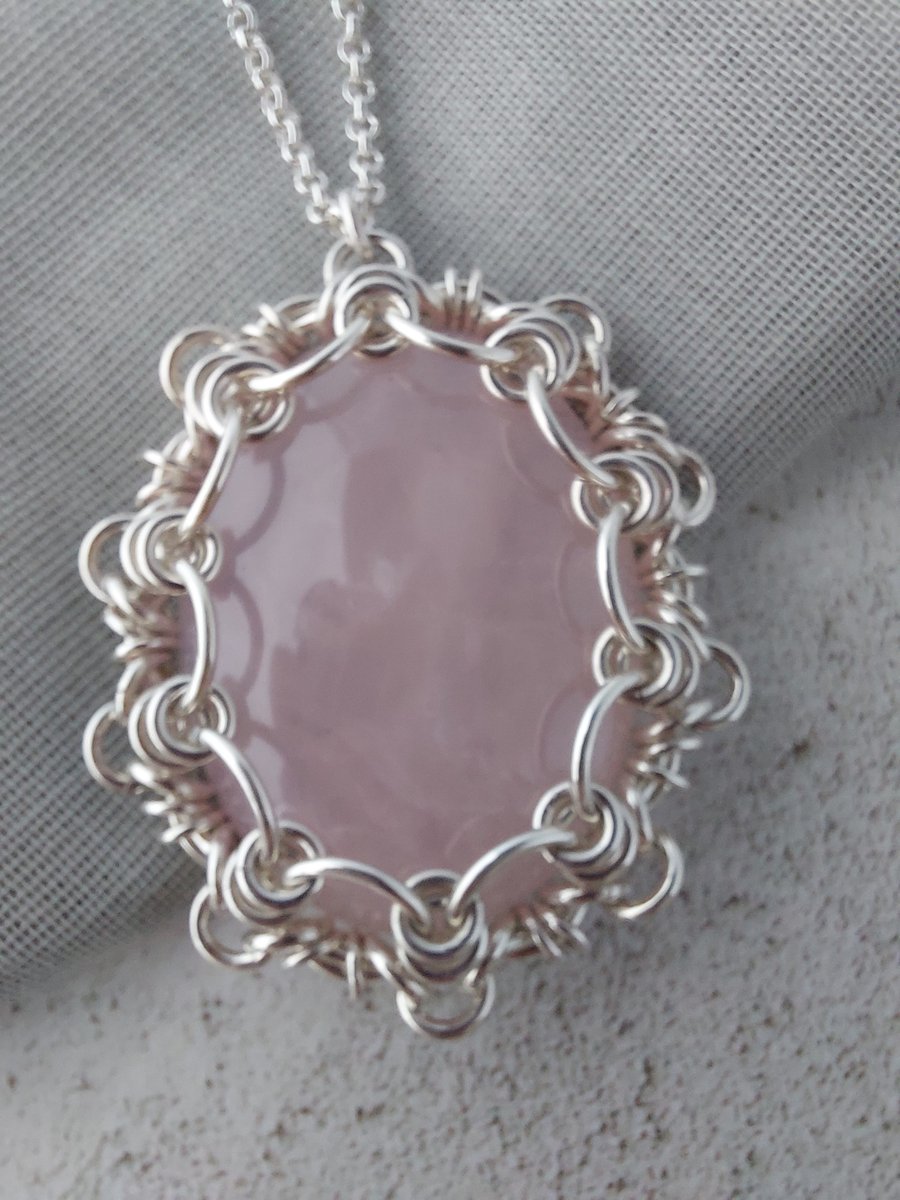 Sterling Silver Rose Quartz Chainmaile Pendant