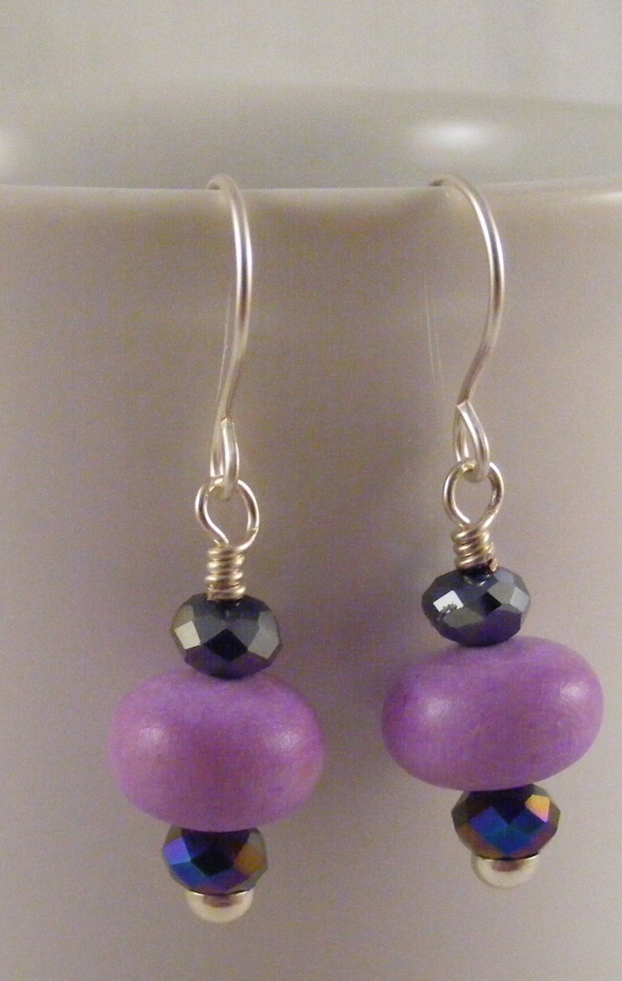  Purple Wood and Black Crystal Earrings