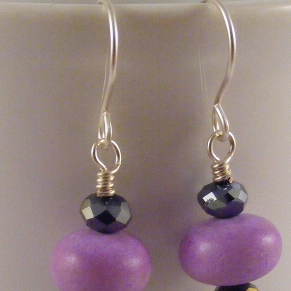  Purple Wood and Black Crystal Earrings