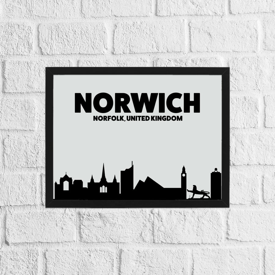 Skyline silhouette of Norwich, Norfolk, UK, grey and black print, wall art