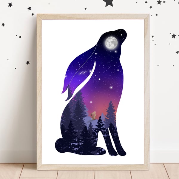 A4 Moon Gazing Hare Art, Mystical Hare Pagan Artwork, Wildlife Folklore Print.