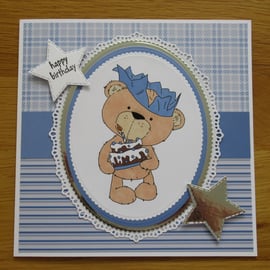 Winston's Birthday Cake - 7x7" Birthday Card - Blue