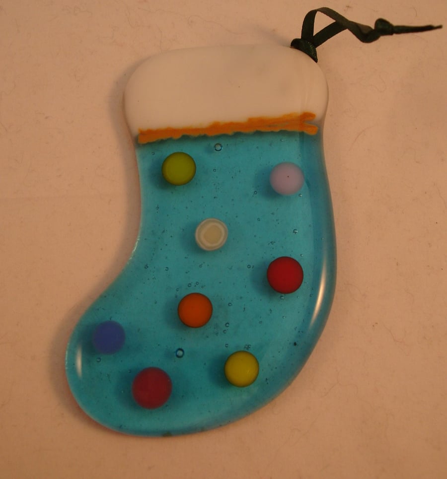Fused Glass Stocking Christmas Decoration Transparent Turquoise Multi Spot