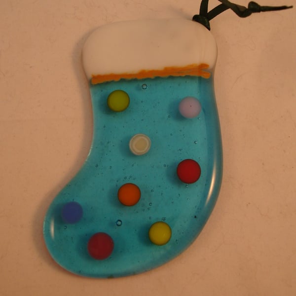 Fused Glass Stocking Christmas Decoration Transparent Turquoise Multi Spot