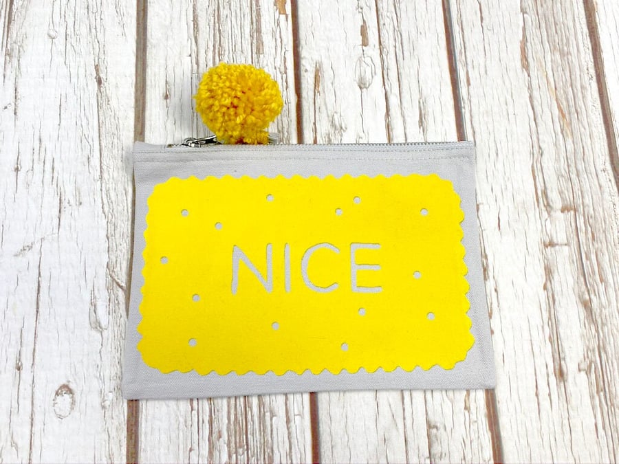 Nice pouch. British Biscuit pencil case. Mellow yellow with PomPom. Cosmetic