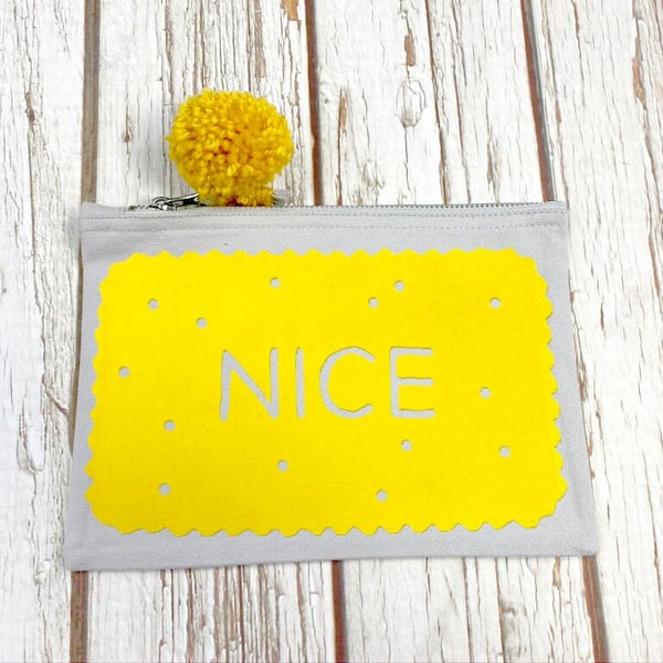 Nice pouch. British Biscuit pencil case. Mellow yellow with PomPom. Cosmetic