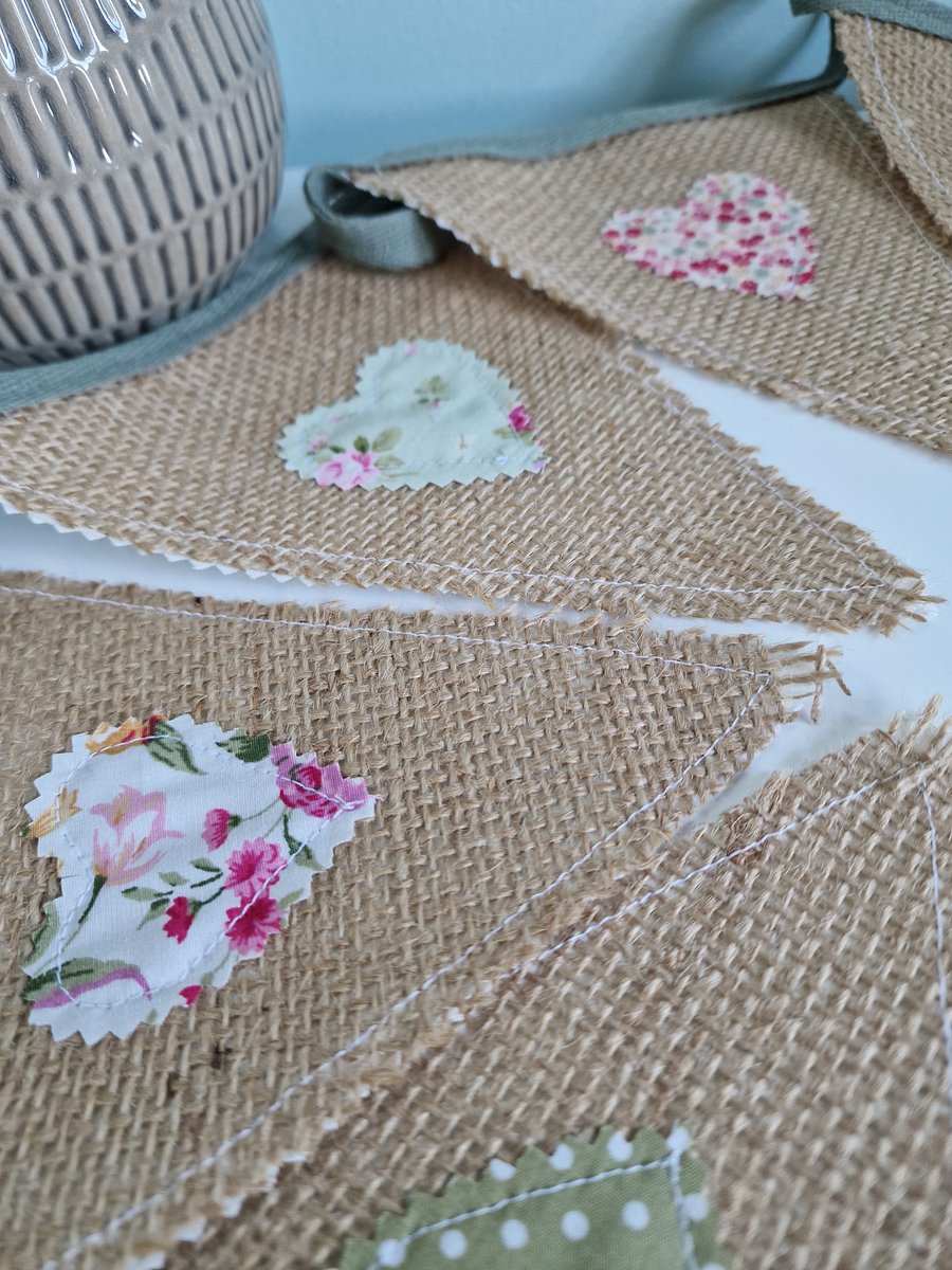Hessian Hearts Handmade Fabric Bunting - Sage Ditsy Floral 