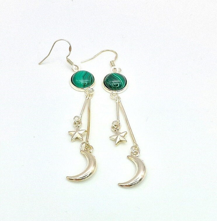 Malachite Gemstone Long Dangle Earrings With Star And Moon Dangles