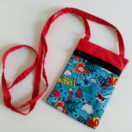 Crossbody bag, lined, comic book graphic design, pow, smash, bang, red, blue