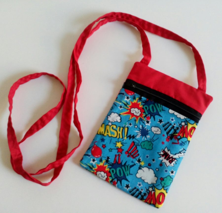 Crossbody bag, lined, comic book graphic design, pow, smash, bang, red, blue