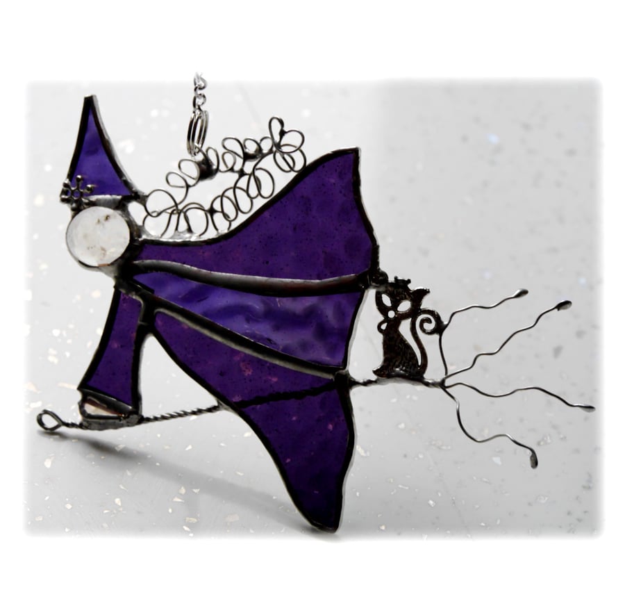 Witch on Broomstick Suncatcher Stained Glass Purple 048