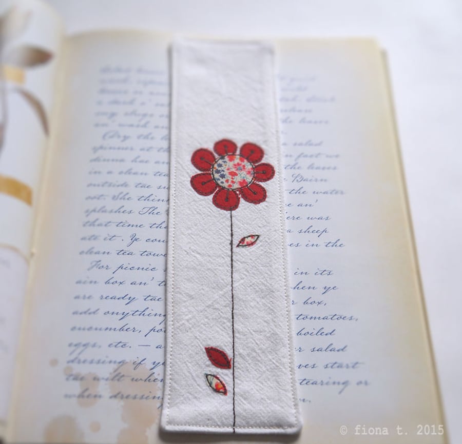 embroidered fabric bookmark - red flower
