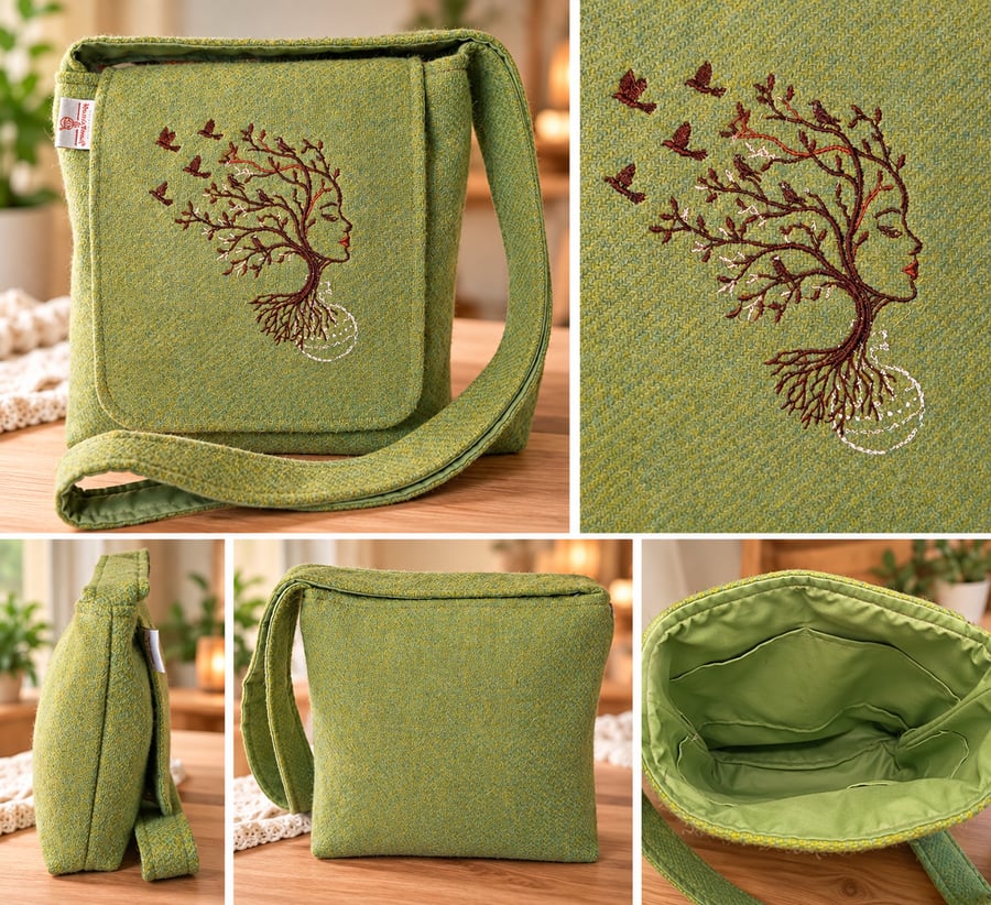 HARRIS TWEED Crossbody with embroidered tree