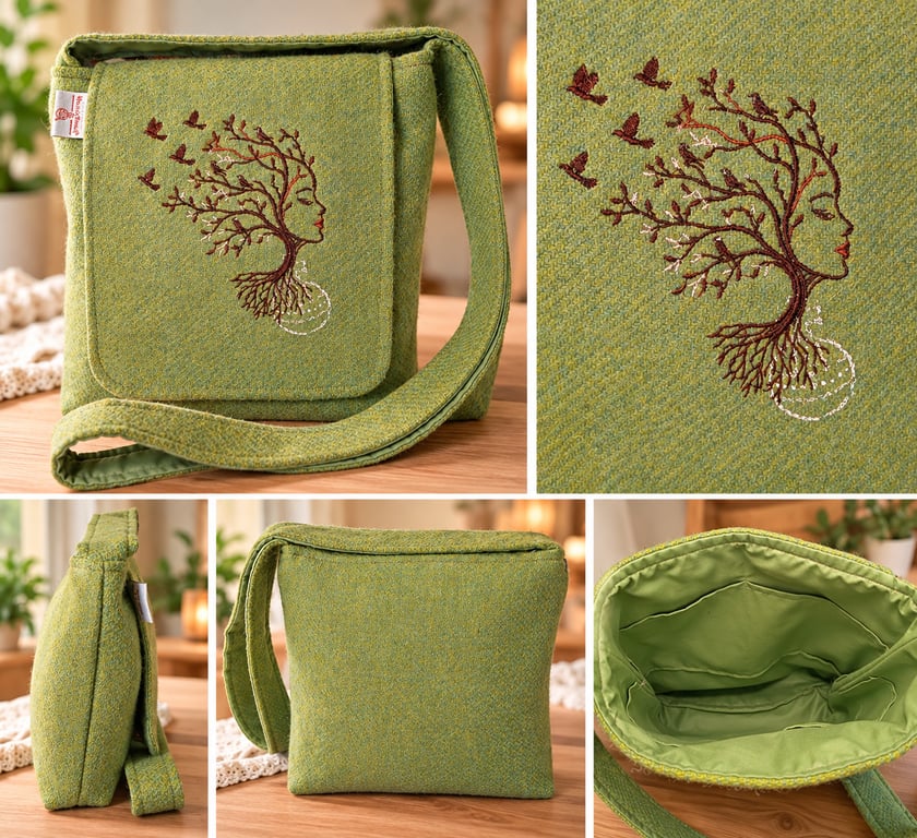 HARRIS TWEED Crossbody with embroidered tree