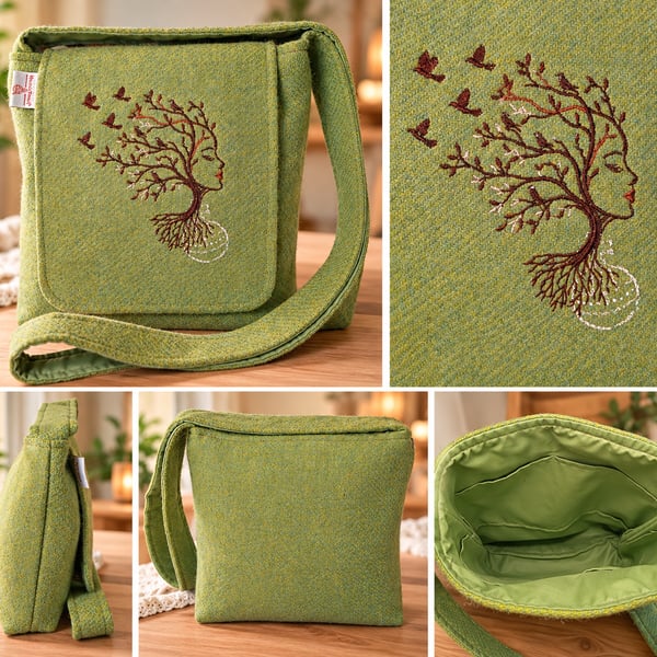 HARRIS TWEED Crossbody with embroidered tree