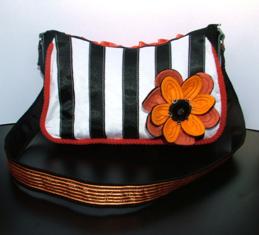 Black, White & Orange striped Corsage Handbag - Half price
