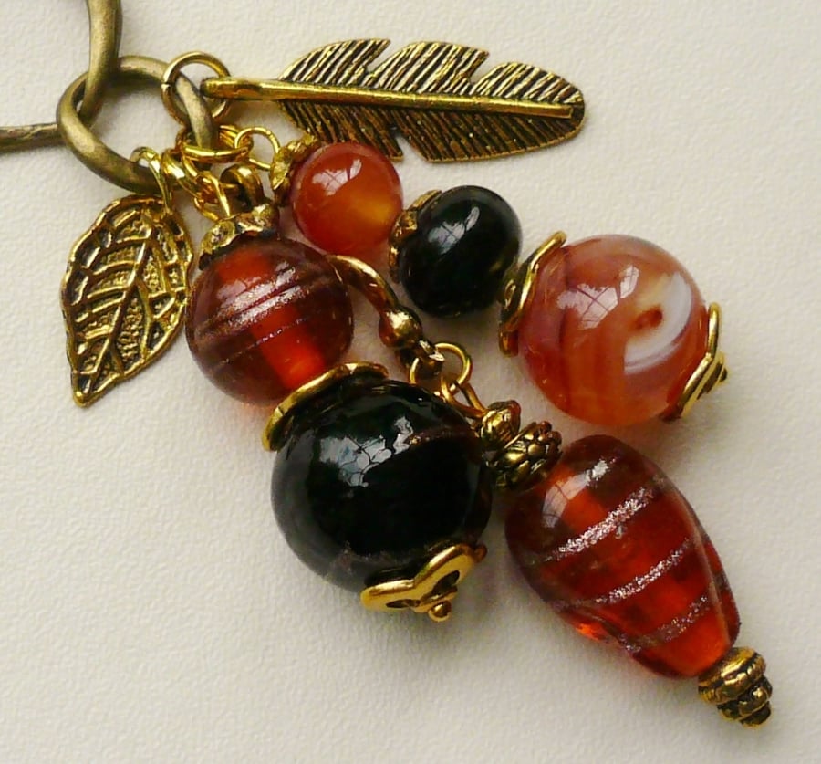 Black and Amber Glass Bead Cluster Necklace   KCJ278
