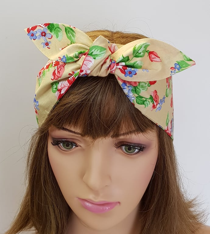Floral self tie cotton head scarf rockabilly headband swing pin up hair scarf