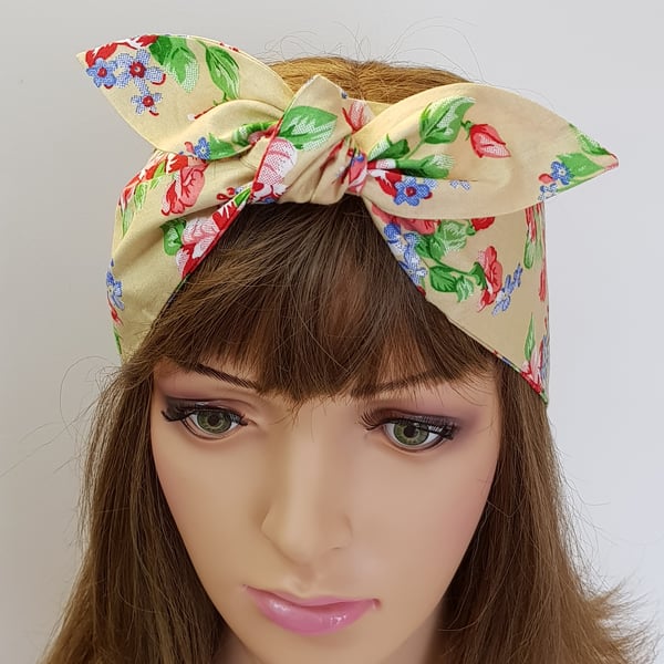 Floral self tie cotton head scarf rockabilly headband swing pin up hair scarf