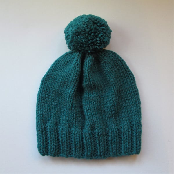 Bobble Hat in Petrol Green Chunky Yarn 