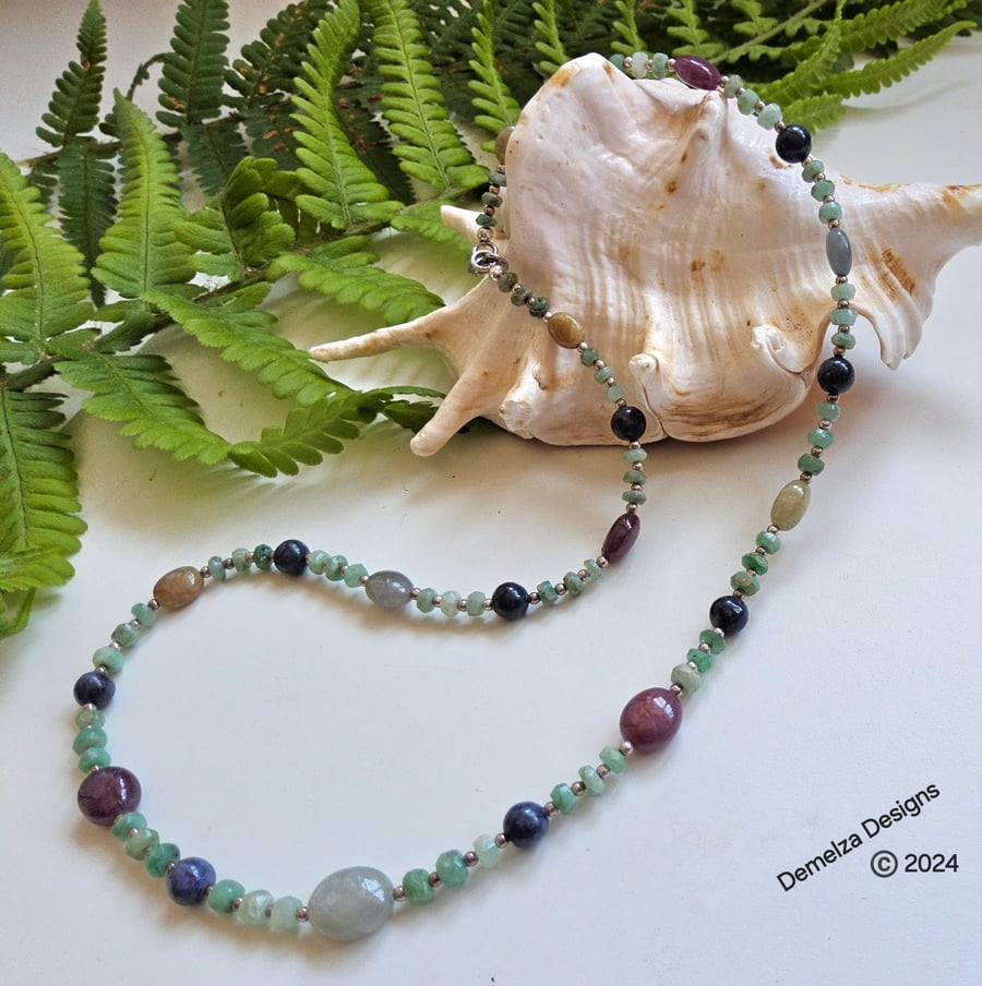 Genuine Ruby,  Emerald & Sapphire Sterling Silver Necklace